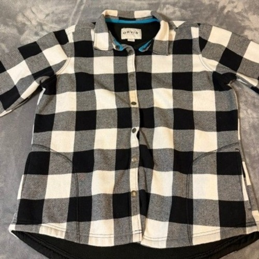 Orvis Buffalo Plaid Fleece Lined Snap Front Shirt Jacket Womens XL Black White - Picture 2 of 8